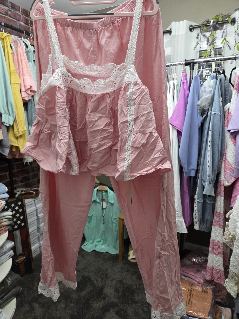 100 % All Cotton Womans Pink Pajamas With White Lace